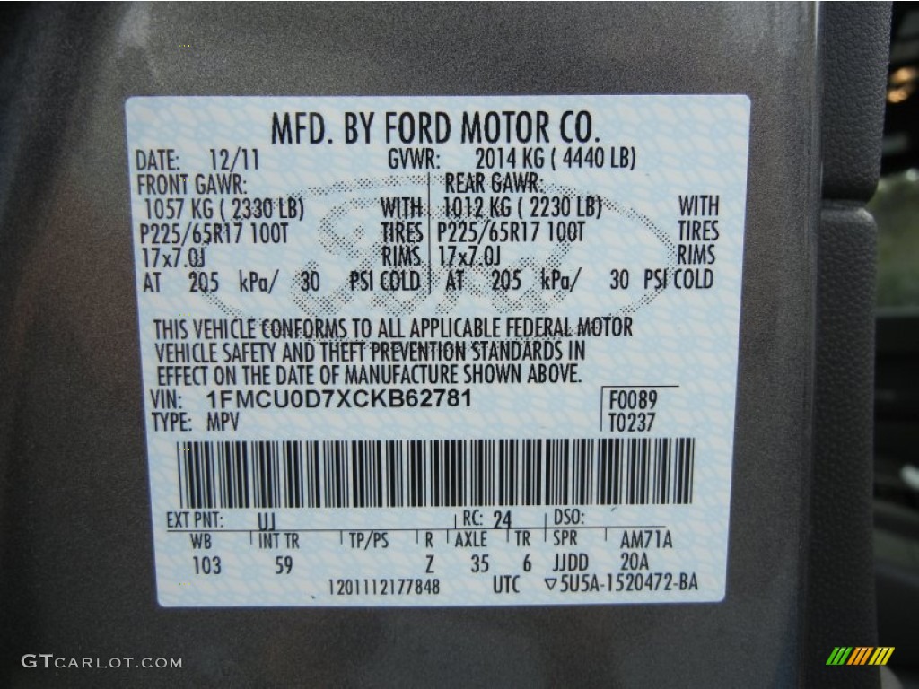 2012 Ford Escape XLT Sport Color Code Photos