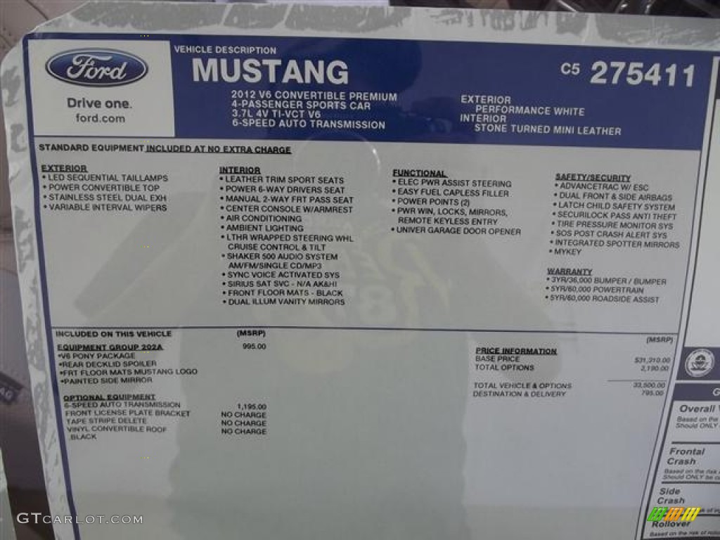 2012 Ford Mustang V6 Premium Convertible Window Sticker Photo #59640145