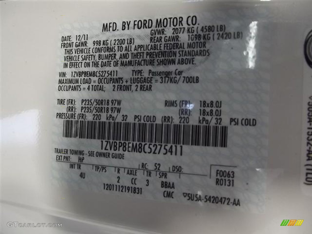 2012 Mustang Color Code HP for Performance White Photo #59640152