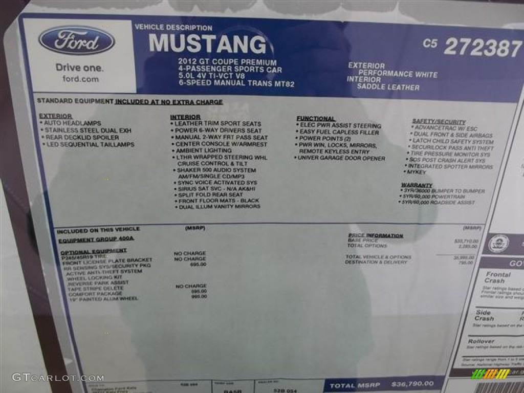 2012 Ford Mustang GT Premium Coupe Window Sticker Photo #59640374