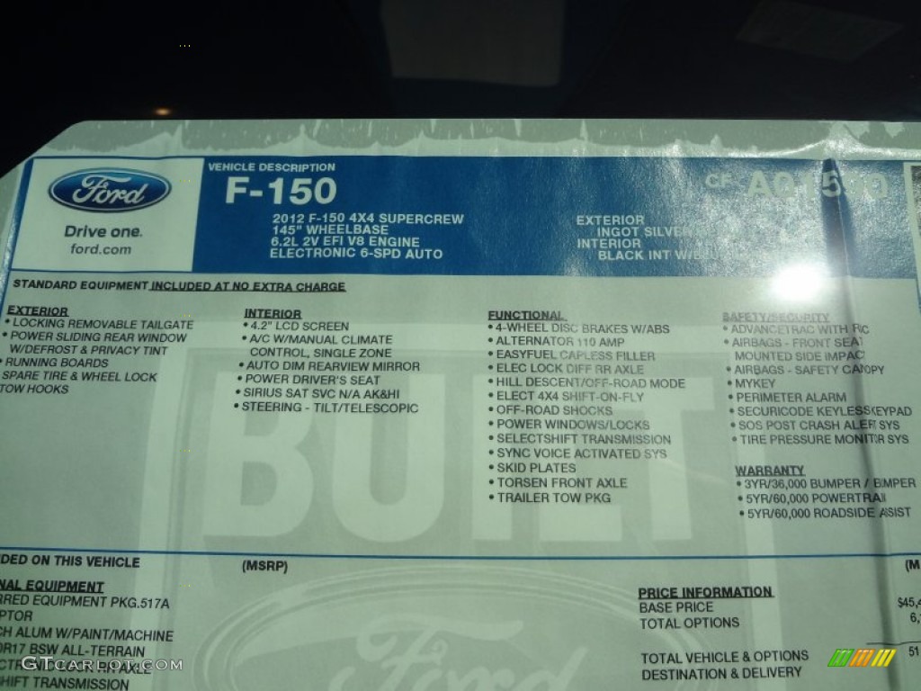 2012 Ford F150 SVT Raptor SuperCrew 4x4 Window Sticker Photo #59668407