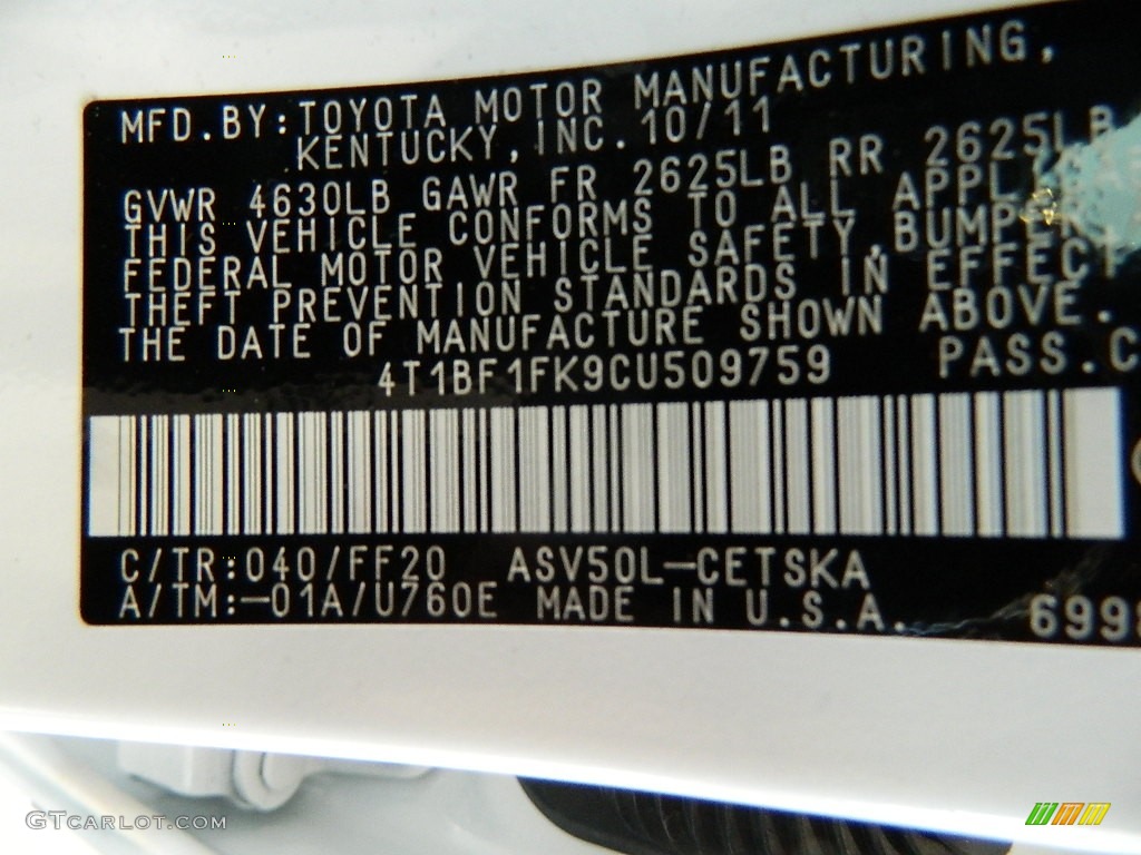 2012 Camry Color Code 040 for Super White Photo #59675503