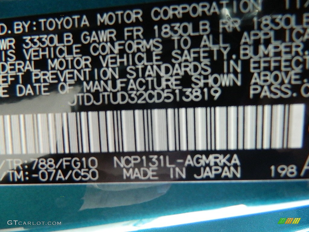 2012 Yaris Color Code 788 for Lagoon Blue Mica Photo #59677099