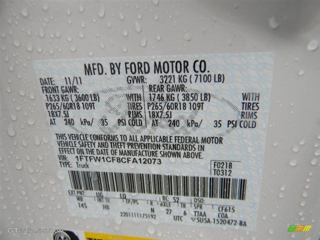 2012 F150 Color Code UG for White Platinum Metallic Tri-Coat Photo #59679272