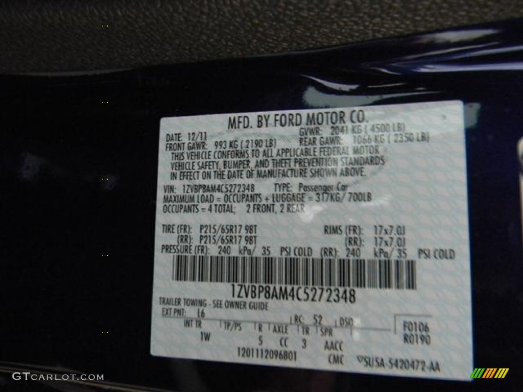 2012 Mustang Color Code L6 for Kona Blue Metallic Photo #59680279