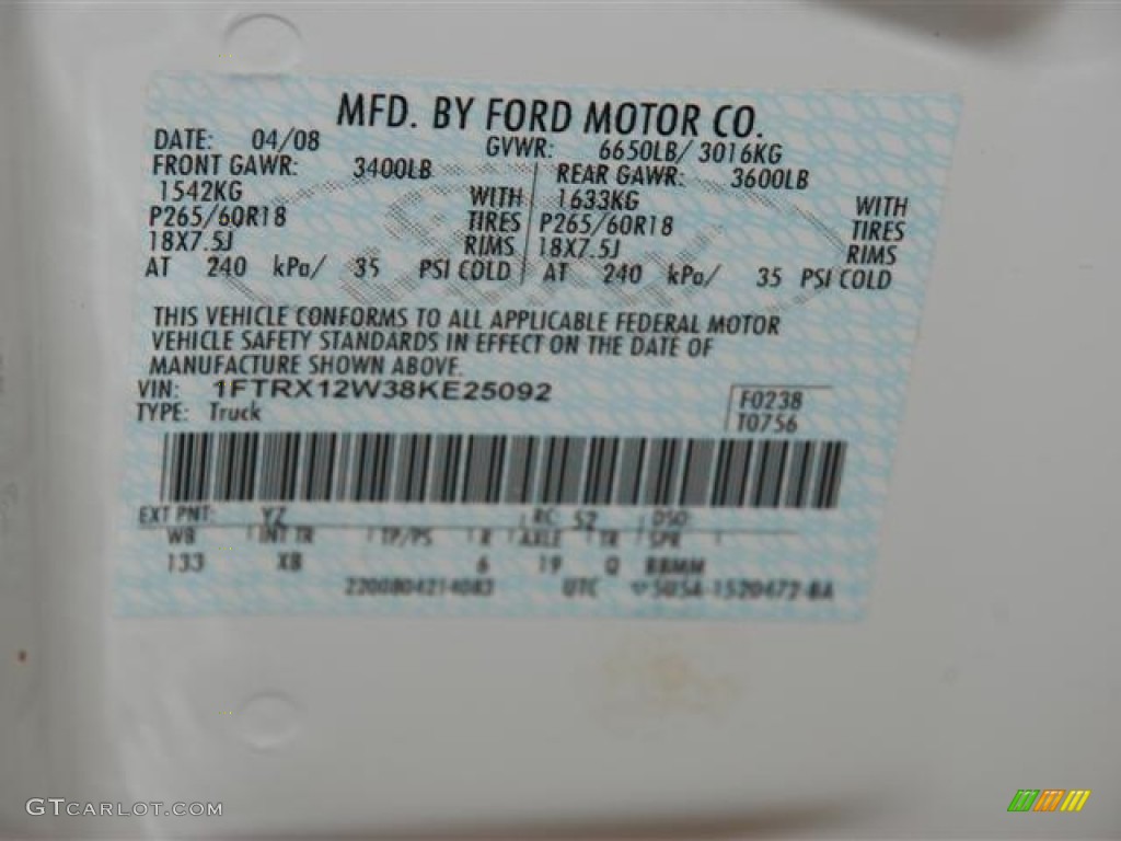 2008 F150 Color Code YZ for Oxford White Photo #59681168
