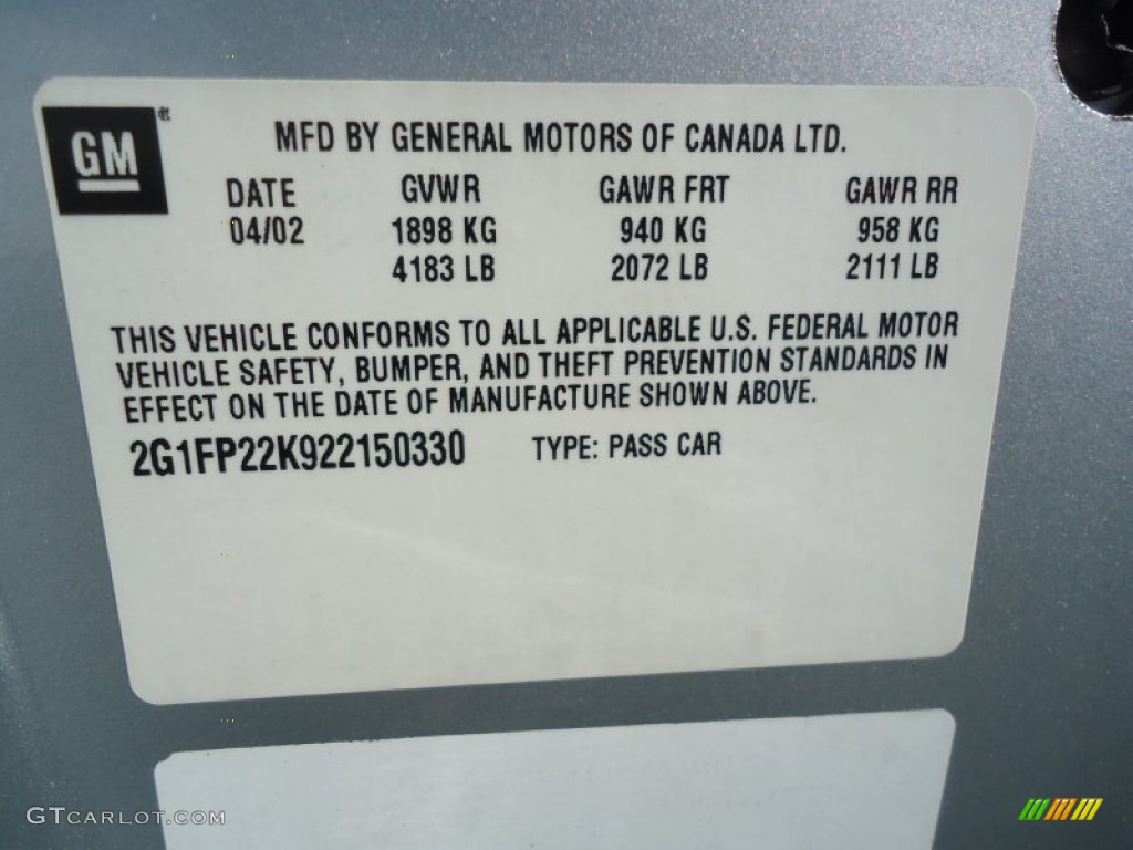 2002 Chevrolet Camaro Coupe Info Tag Photo #59691685