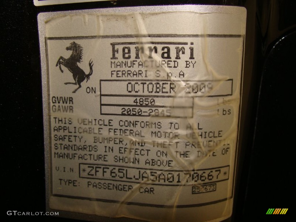 2010 Ferrari California Standard California Model Info Tag Photo #59712953