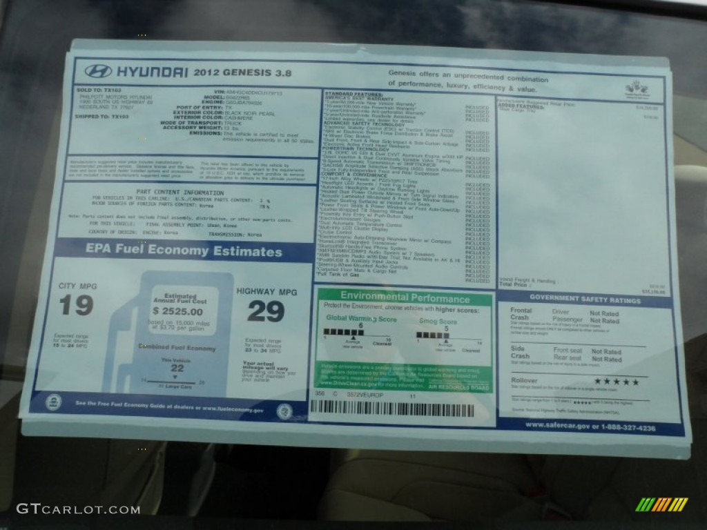 2012 Hyundai Genesis 3.8 Sedan Window Sticker Photo #59713203