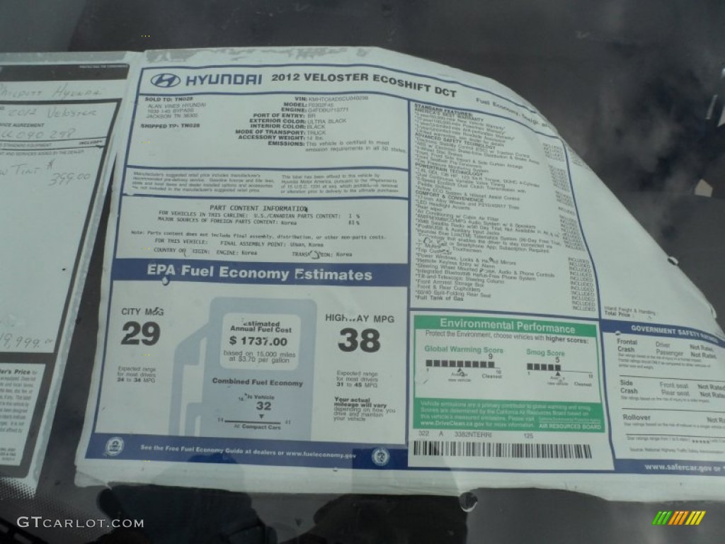 2012 Hyundai Veloster Standard Veloster Model Window Sticker Photo #59715690
