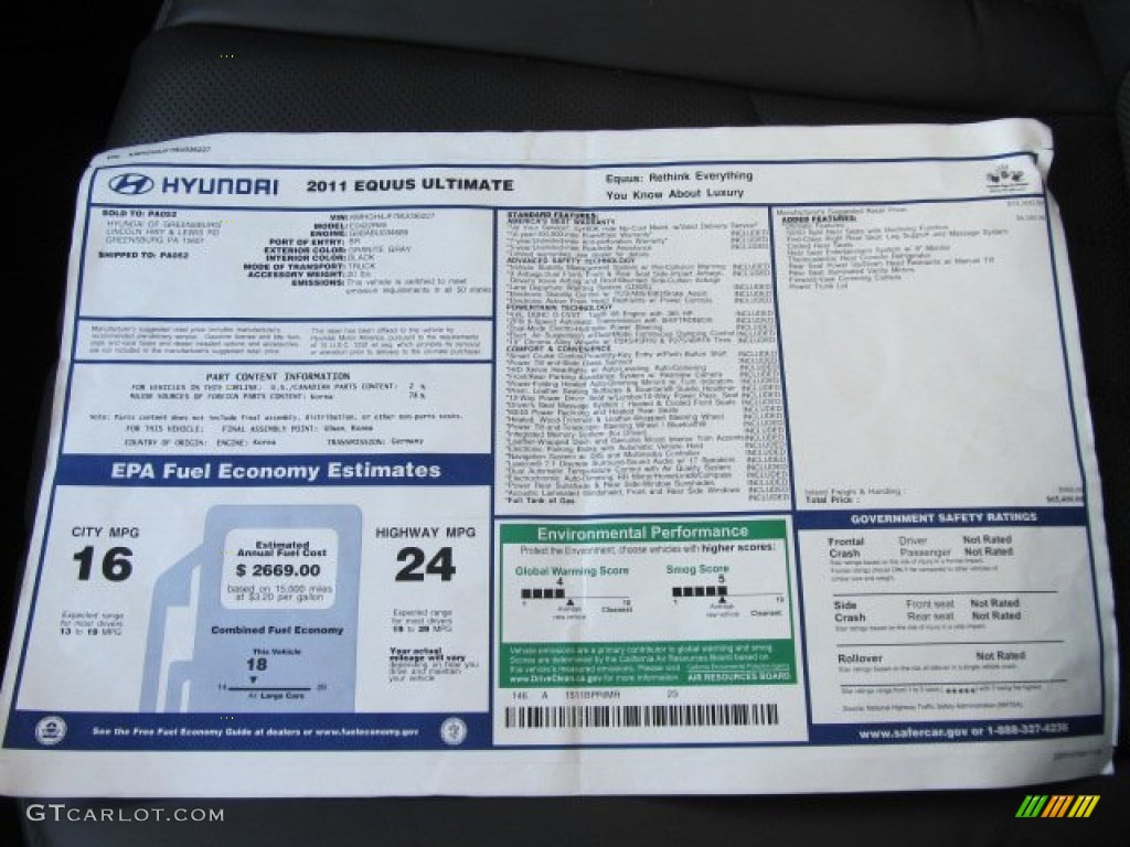 2011 Hyundai Equus Ultimate Window Sticker Photo #59724024