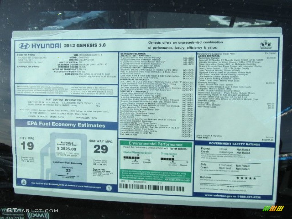 2012 Hyundai Genesis 3.8 Sedan Window Sticker Photo #59726253