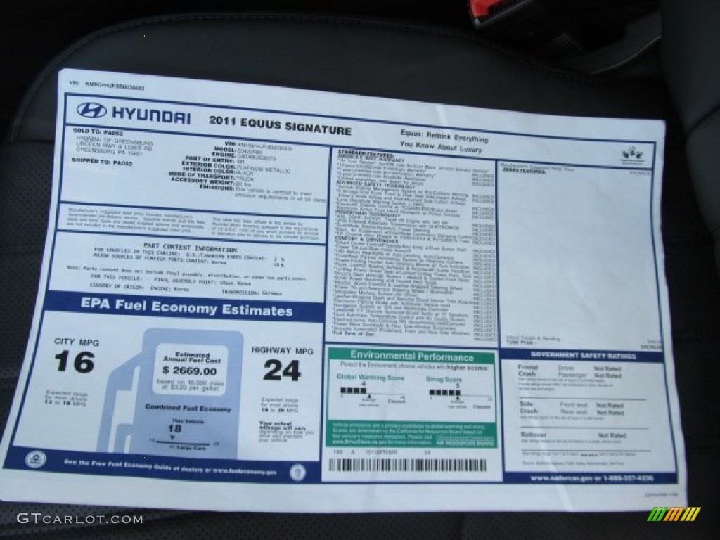 2011 Hyundai Equus Signature Window Sticker Photo #59726713