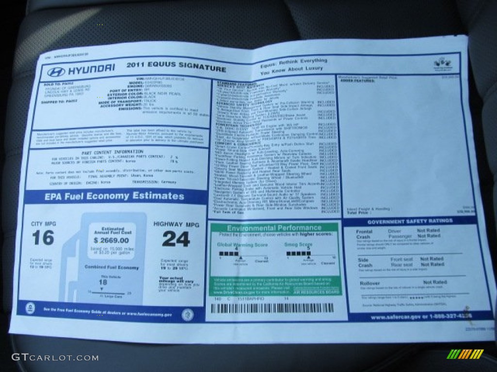 2011 Hyundai Equus Signature Window Sticker Photo #59726976