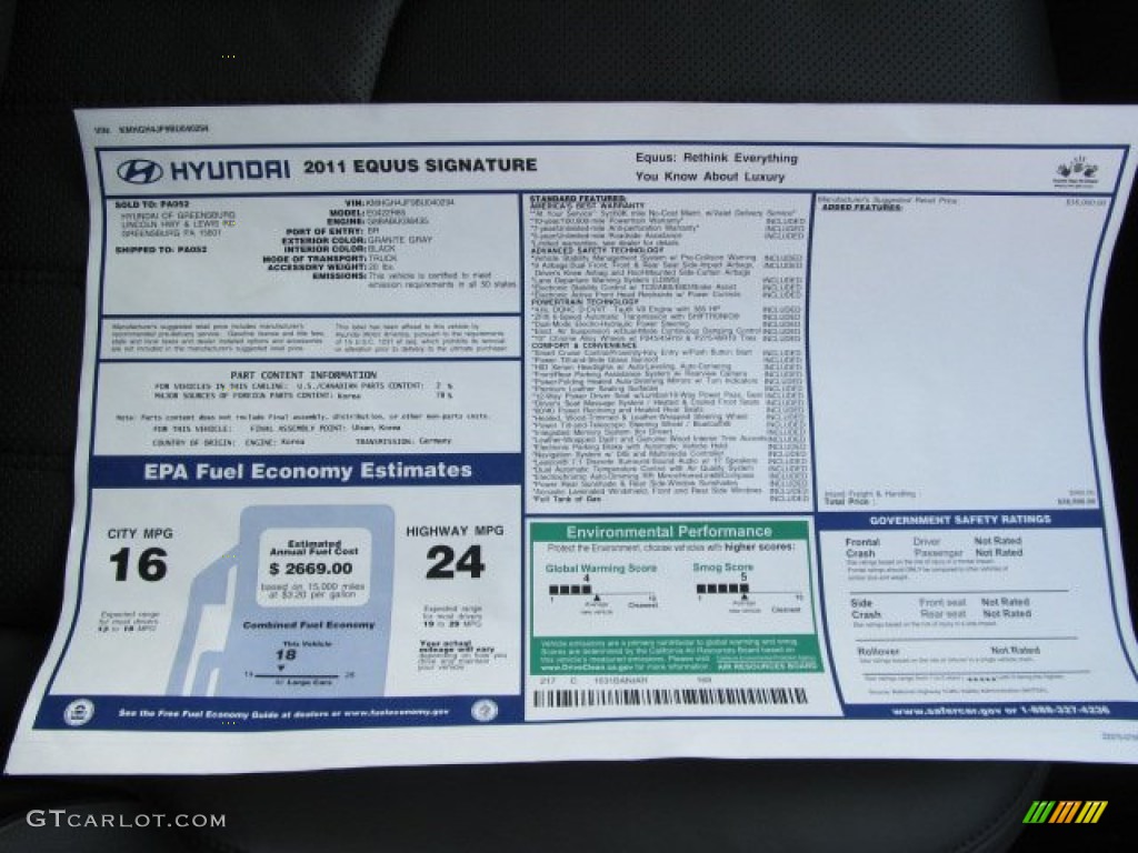 2011 Hyundai Equus Signature Window Sticker Photo #59727183
