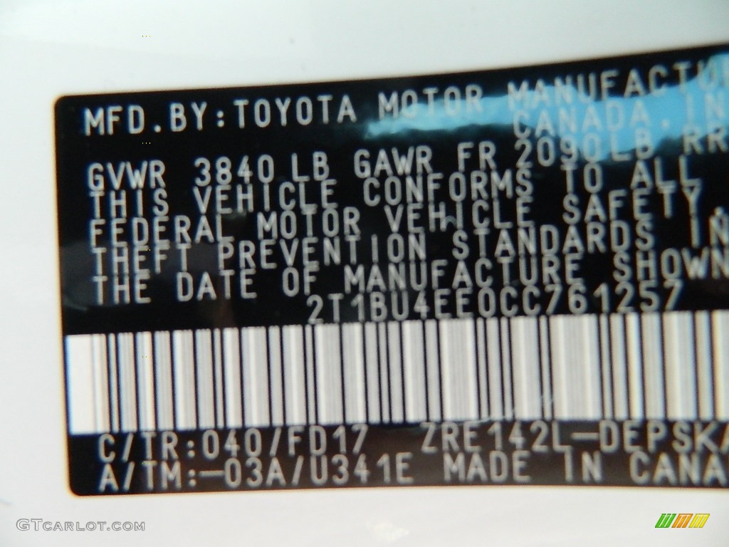 2012 Corolla Color Code 040 for Super White Photo #59746687