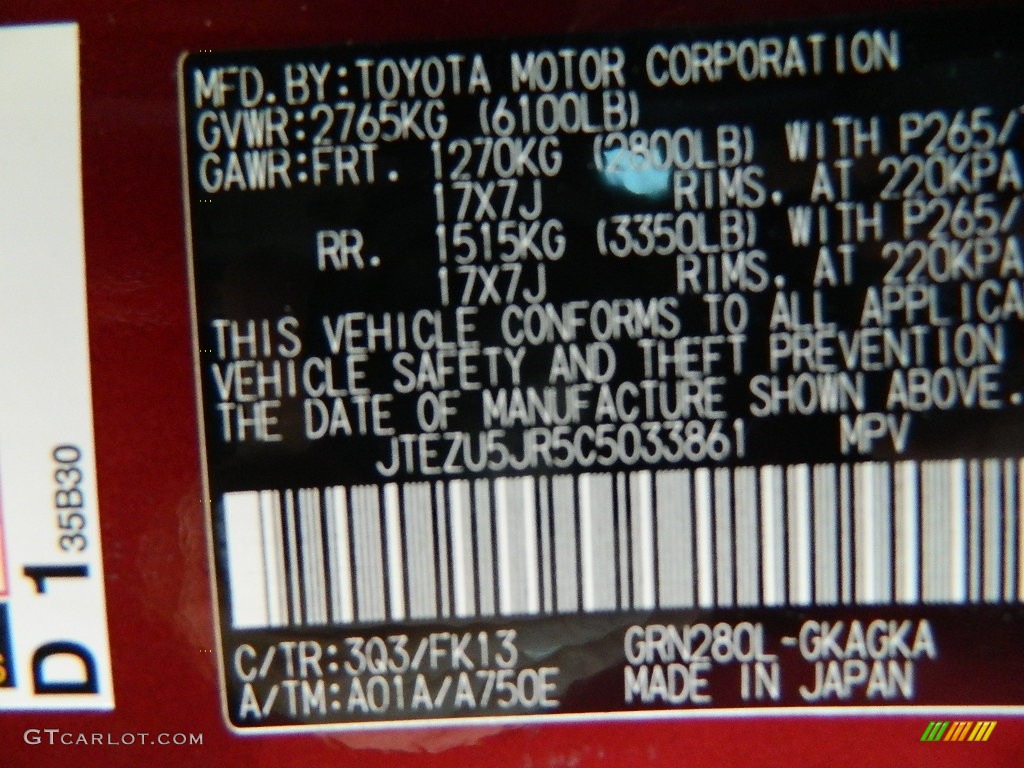 2012 Toyota 4Runner SR5 Color Code Photos