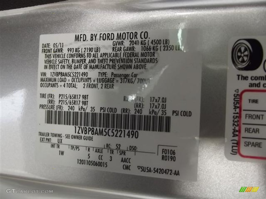 2012 Mustang Color Code UX for Ingot Silver Metallic Photo #59750762