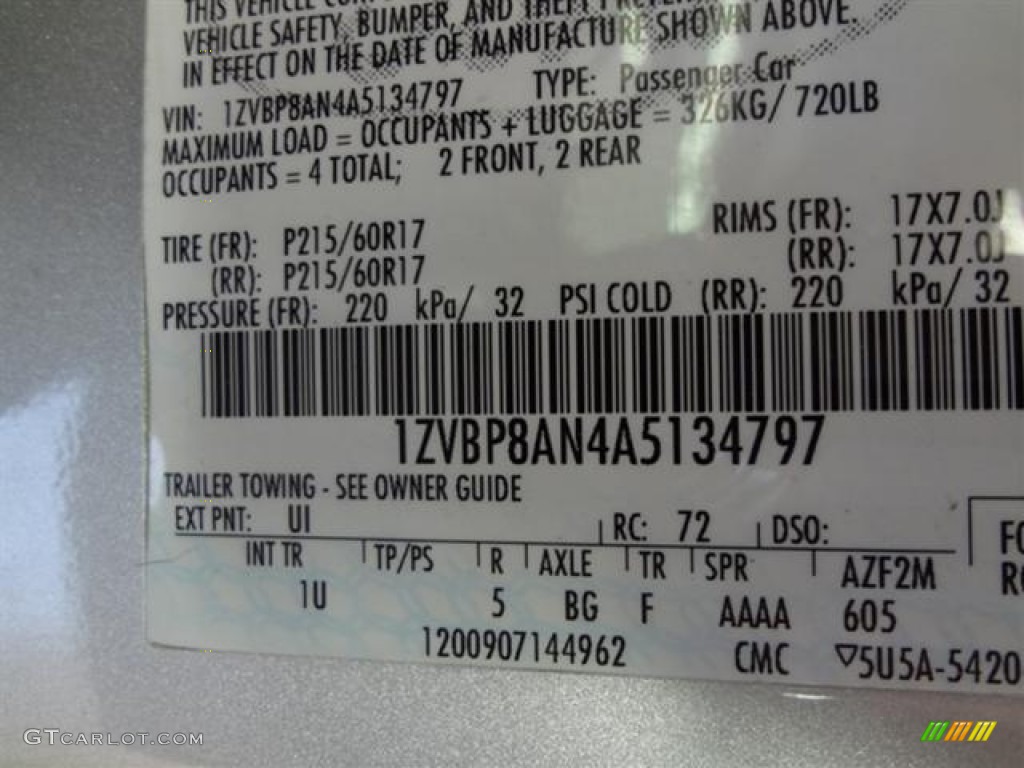 2010 Mustang Color Code UI for Brilliant Silver Metallic Photo #59750927