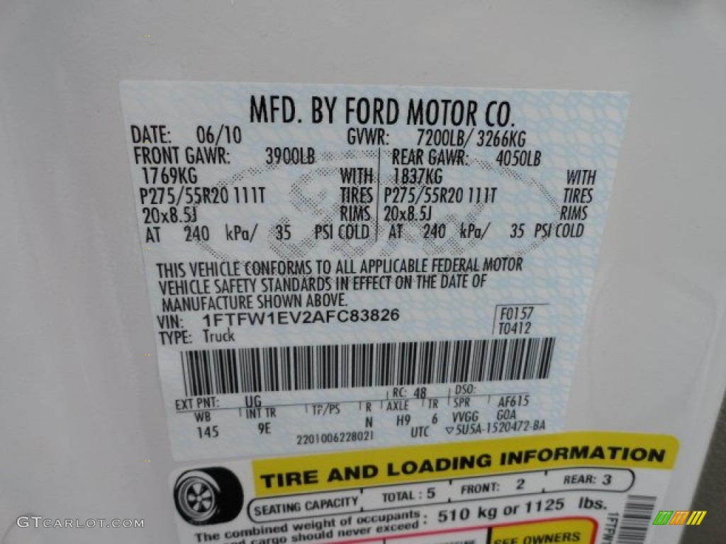 2010 F150 Color Code UG for White Platinum Metallic Tri Coat Photo #59757455