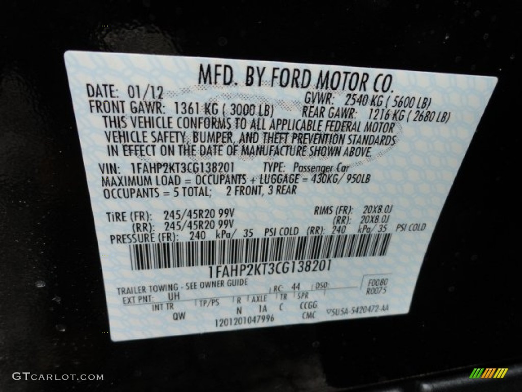 2012 Taurus Color Code UH for Tuxedo Black Metallic Photo #59760095