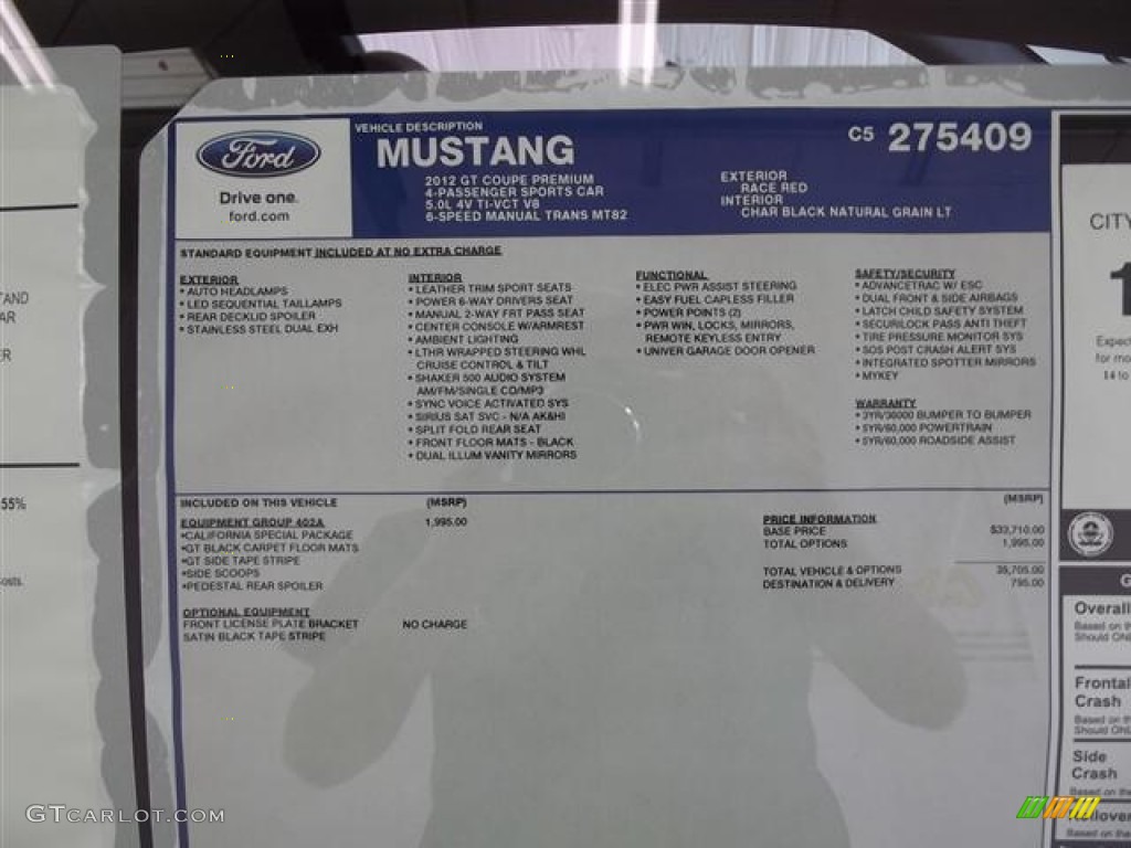 2012 Ford Mustang C/S California Special Coupe Window Sticker Photos