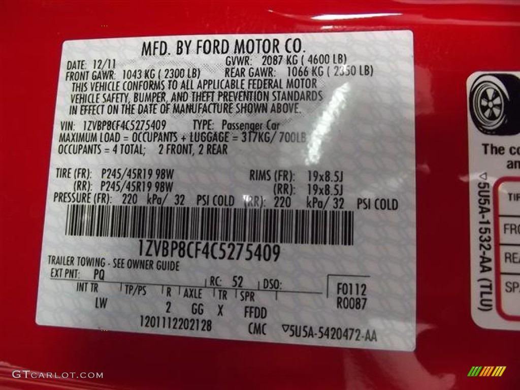 2012 Mustang Color Code PQ for Race Red Photo #59762351
