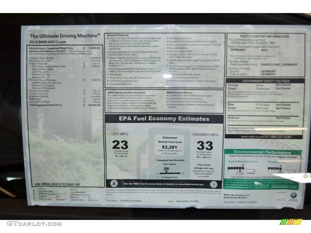2012 BMW 6 Series 640i Coupe Window Sticker Photo #59764298