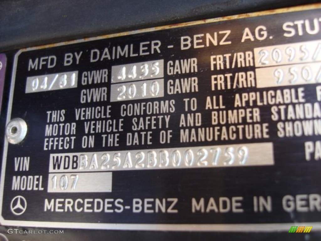 1981 Mercedes-Benz SL Class 380 SLC Coupe Info Tag Photos
