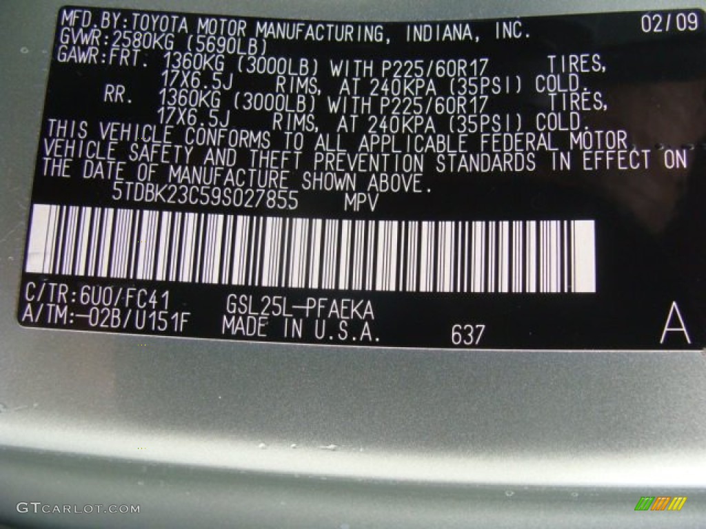 2009 Toyota Sienna LE AWD Color Code Photos