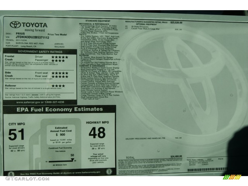 2011 Toyota Prius Hybrid II Window Sticker Photo #59779316