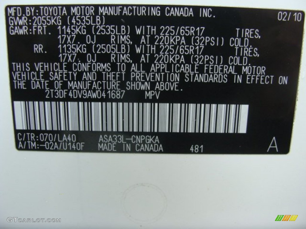 2010 RAV4 Color Code 070 for Blizzard White Pearl Photo #59779475
