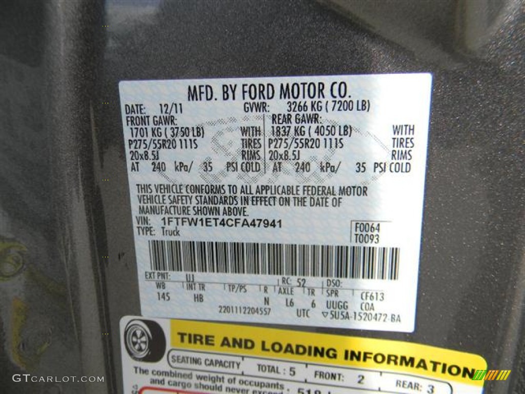 2012 F150 Color Code UJ for Sterling Gray Metallic Photo #59788649