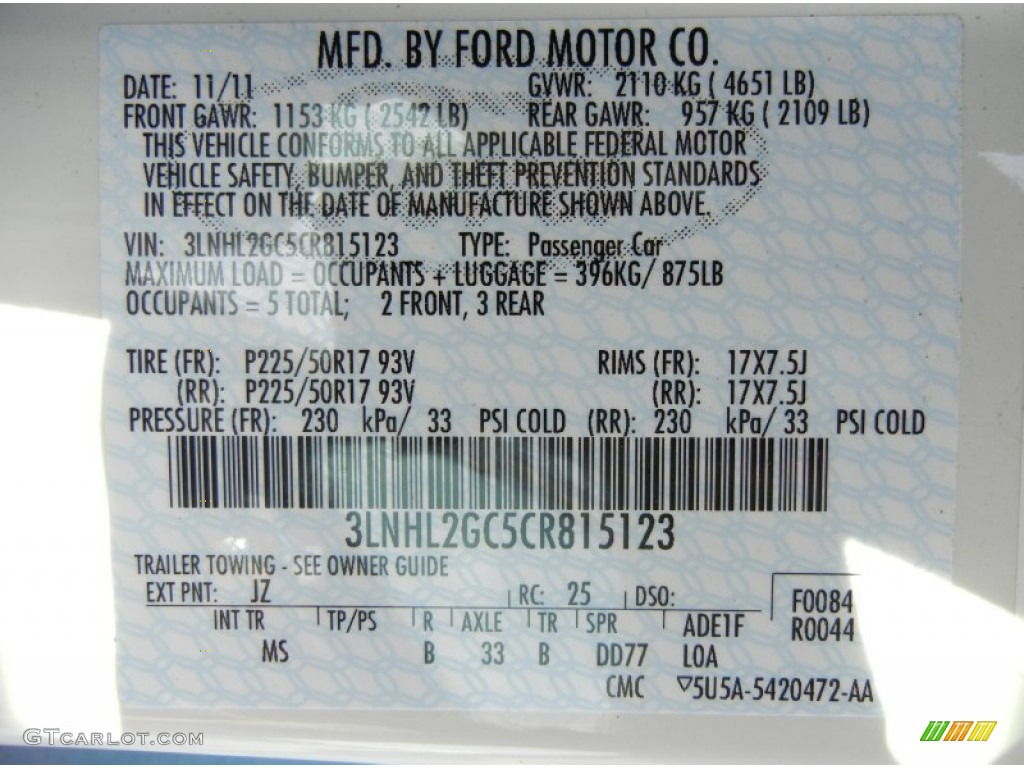 2012 MKZ Color Code JZ for Crystal Champagne Metallic Tri-Coat Photo #59789978