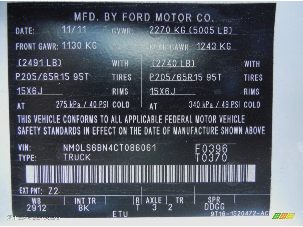 2012 Transit Connect Color Code Z2 for Frozen White Photo #59790437