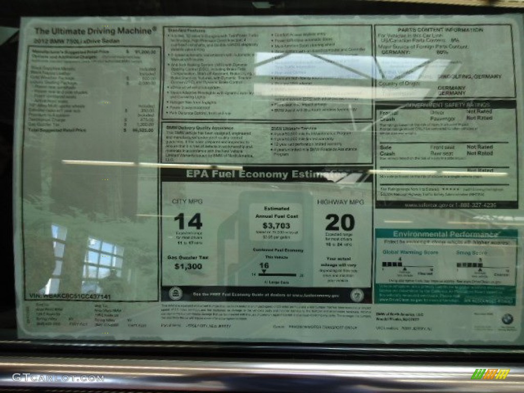 2012 BMW 7 Series 750Li xDrive Sedan Window Sticker Photo #59820161