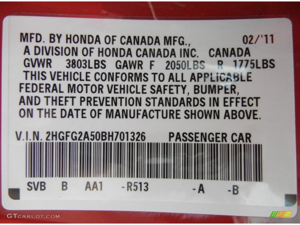 2011 Civic Color Code R513 for Rallye Red Photo #59822621