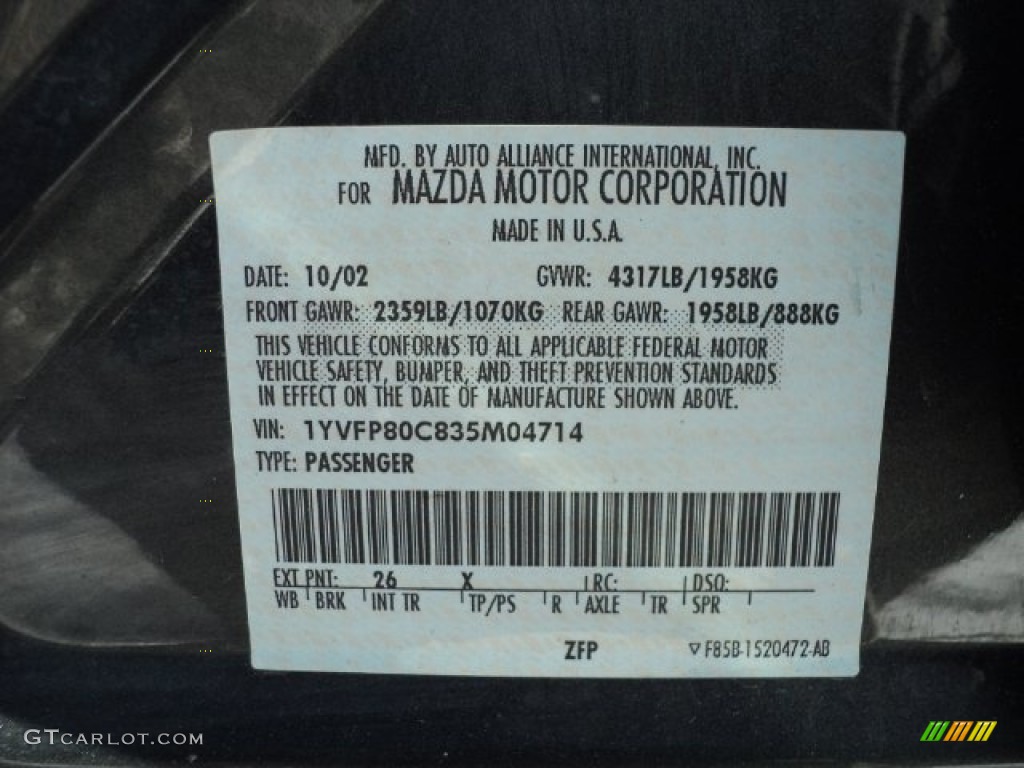 2003 MAZDA6 Color Code 26 for Dark Steel Metallic Photo #59840583