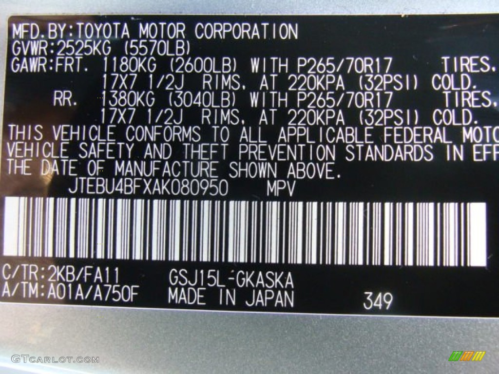 2010 FJ Cruiser Color Code 2KB for Silver Fresco Metallic Photo #59840853