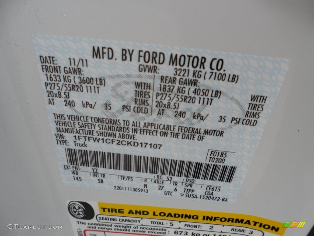 2012 F150 Color Code YZ for Oxford White Photo #59847019