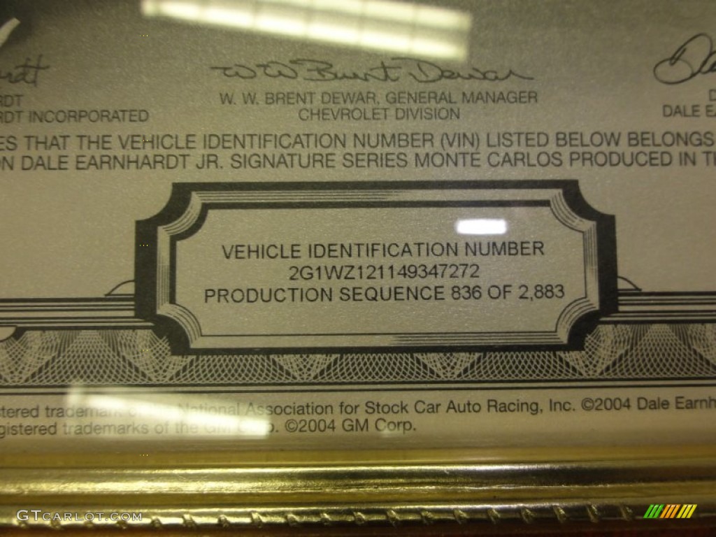 2004 Chevrolet Monte Carlo Dale Earnhardt Jr. Signature Series Info Tag Photo #59851810