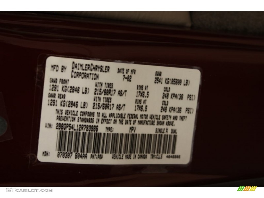 2002 Grand Caravan Color Code PRV for Dark Garnet Red Pearl Photo #59855062