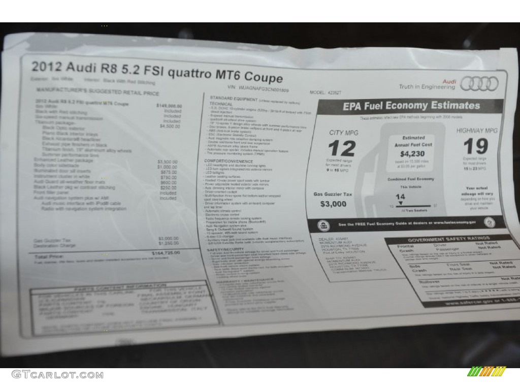 2012 Audi R8 5.2 FSI quattro Window Sticker Photo #59876597