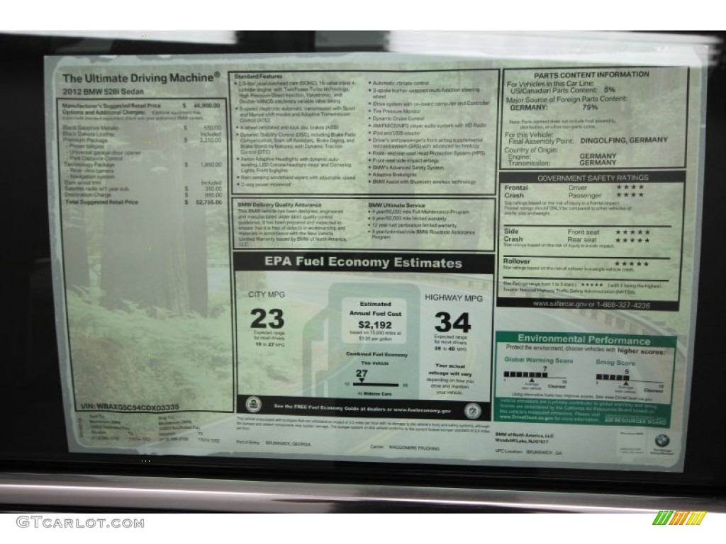 2012 BMW 5 Series 528i Sedan Window Sticker Photo #59887301