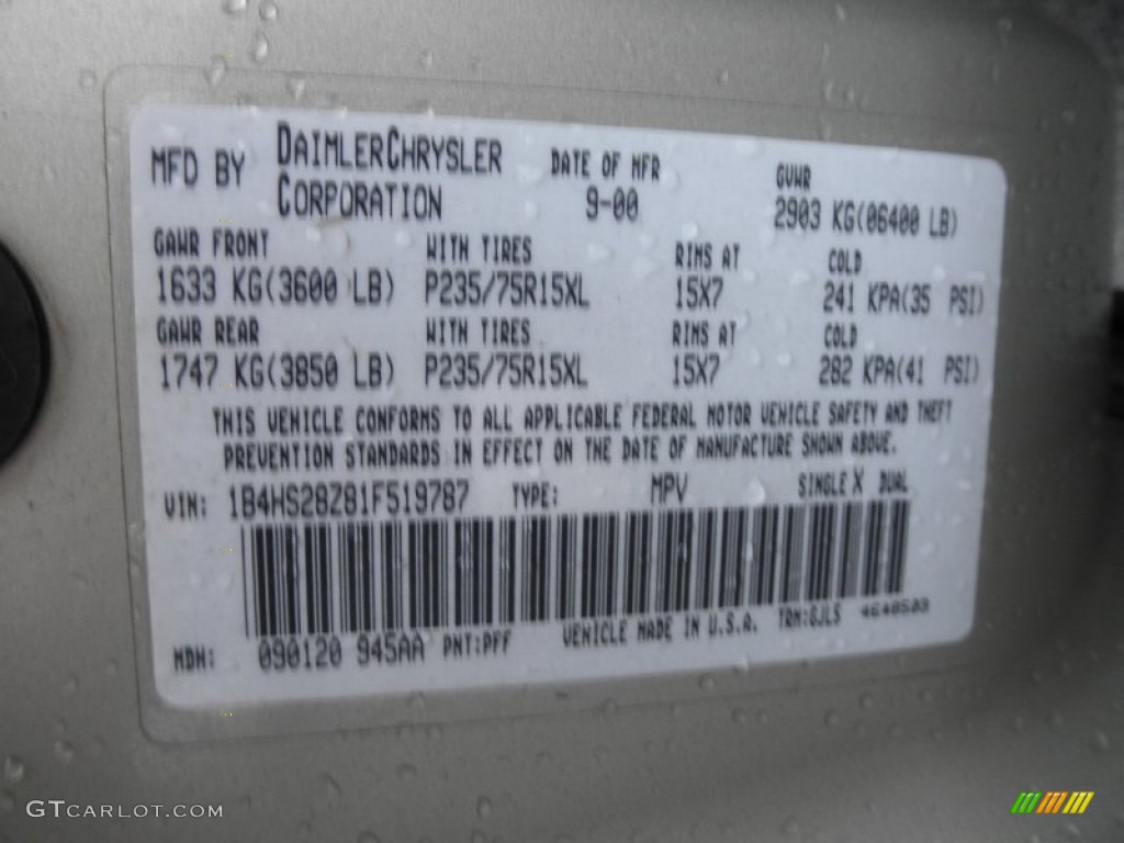 2001 Durango Color Code PFF for Light Pewter Metallic Photo #59896135