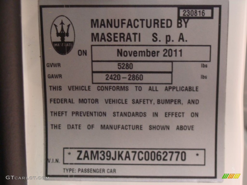 2012 Maserati Quattroporte S Info Tag Photo #59908592