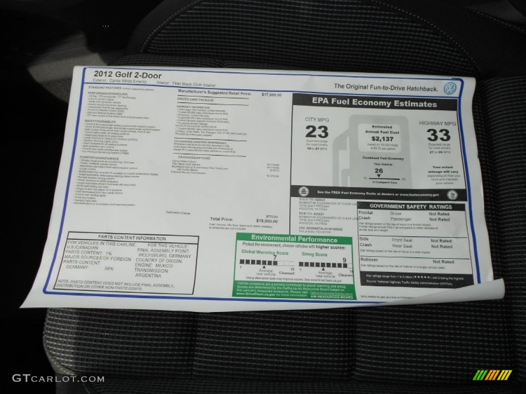 2012 Volkswagen Golf 2 Door Window Sticker Photo #59908638