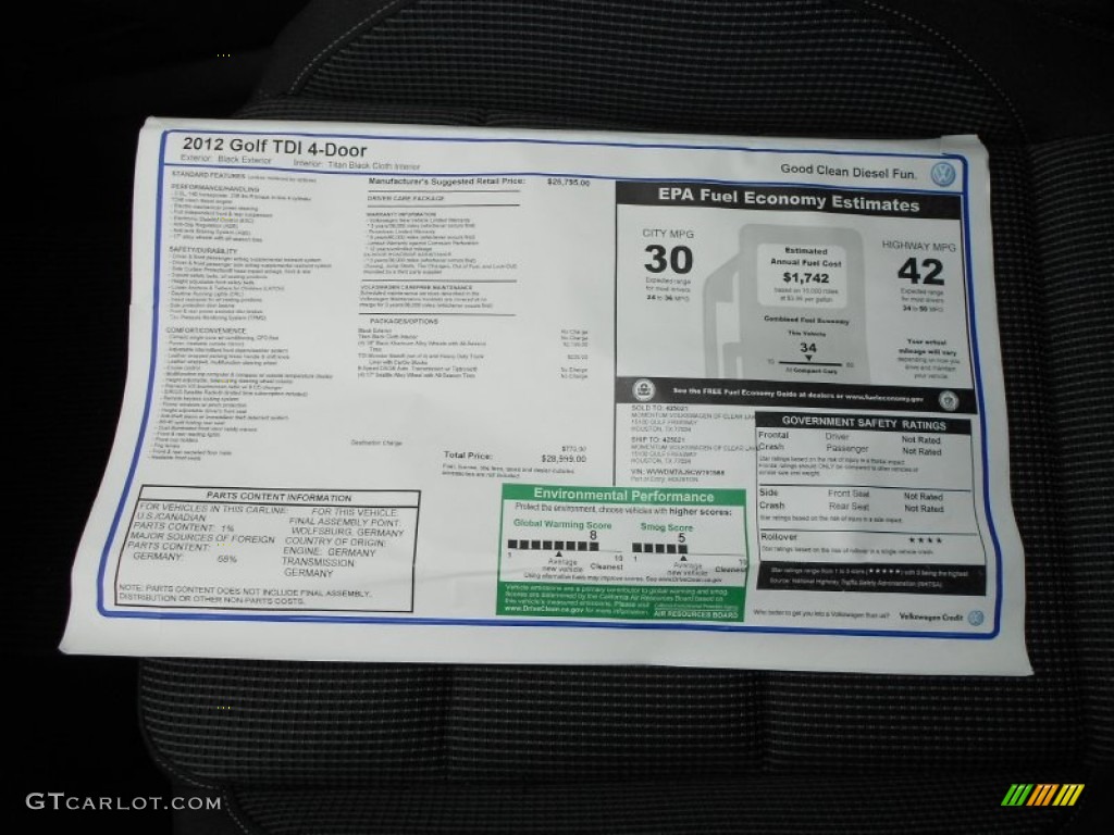 2012 Volkswagen Golf 4 Door TDI Window Sticker Photo #59908835
