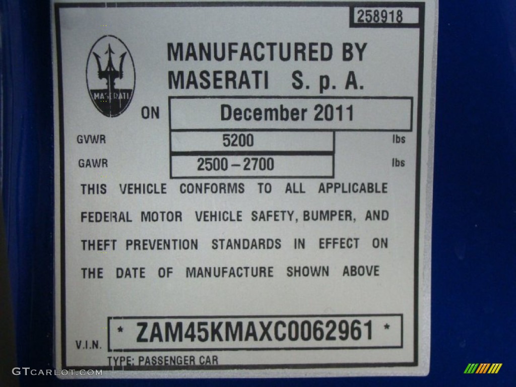 2012 Maserati GranTurismo Convertible GranCabrio Info Tag Photo #59908838
