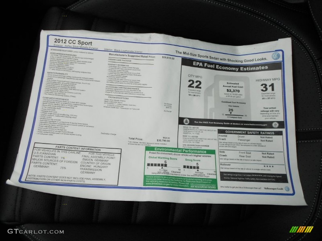 2012 Volkswagen CC Sport Window Sticker Photo #59911973